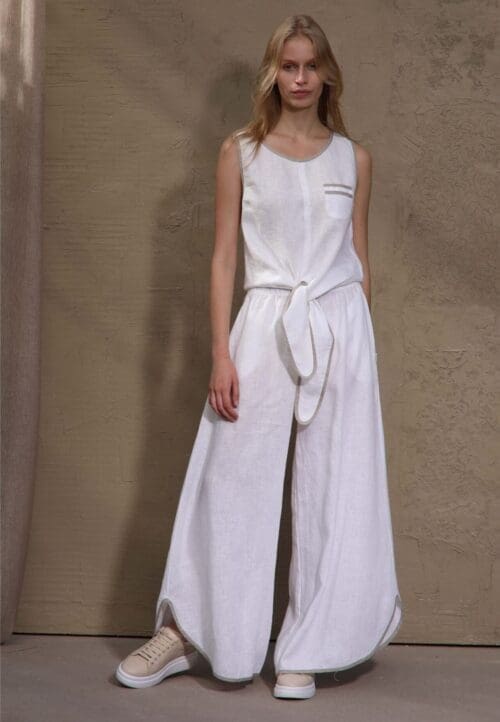 Itin plačios natūralaus lino baltos spalvos kelnės