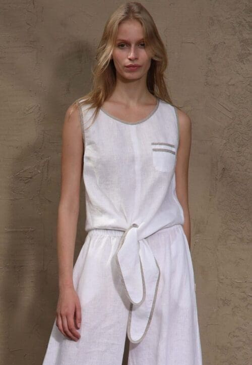 Balta lininė palaidinė su užrišamu mazgu